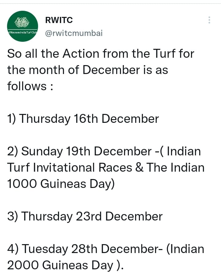 RACING @ MUMBAI BEGINS FROM 16th Dec 2021